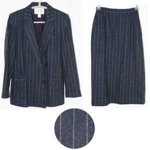 Saville Vintage 80% Wool Pinstripe Midi-Skirt Suit